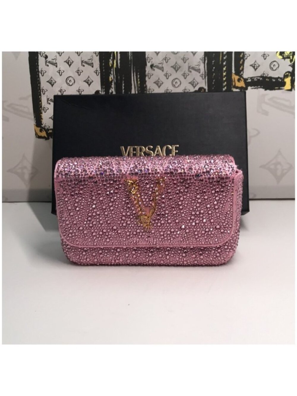 Versace Mini Virtus Satin Crossbody Bag Crystal-Embellished New